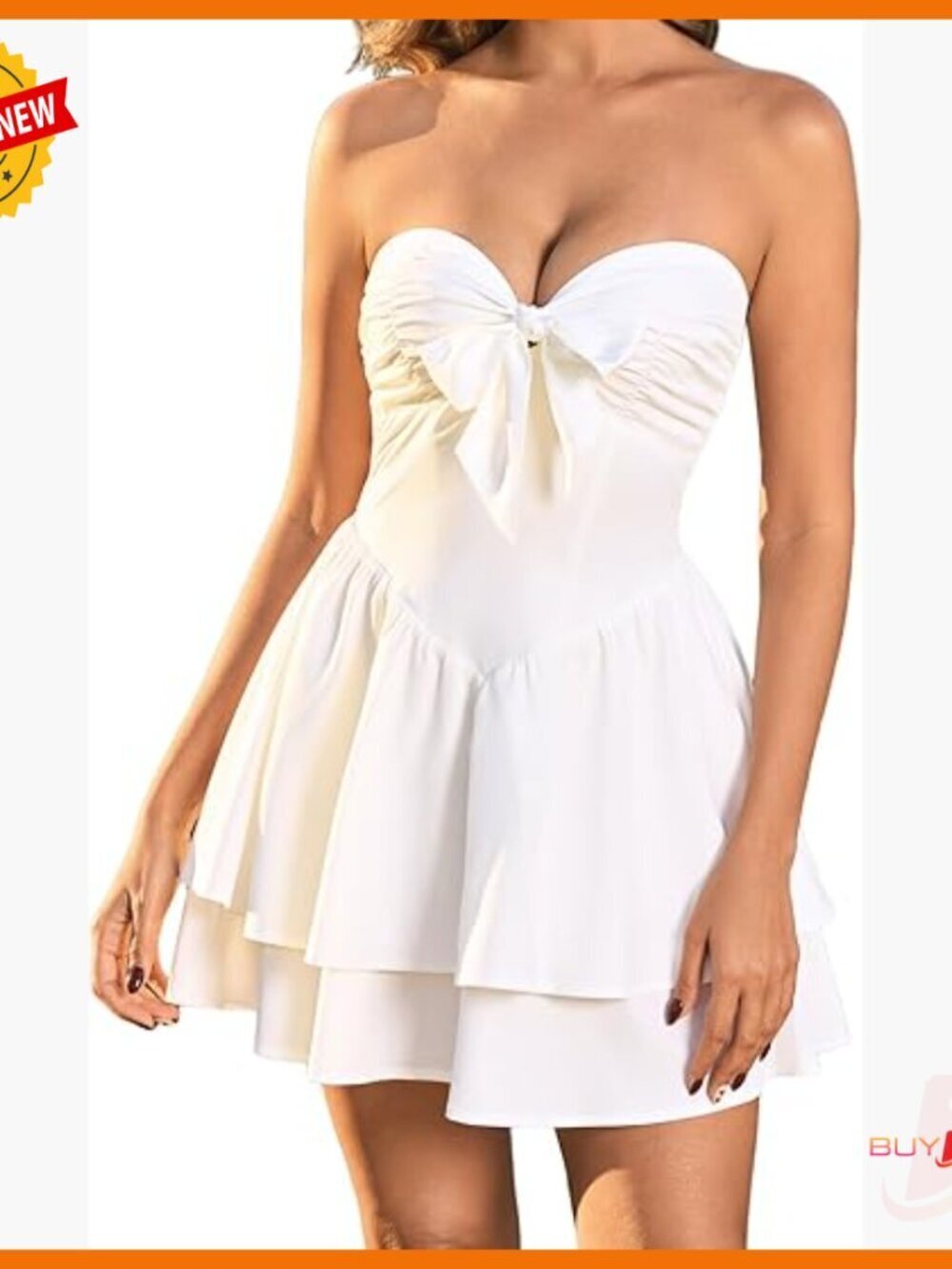 Women's Strapless Tube Mini Dress Flowy A-Line Tie Front Ruffle Boho Sundress